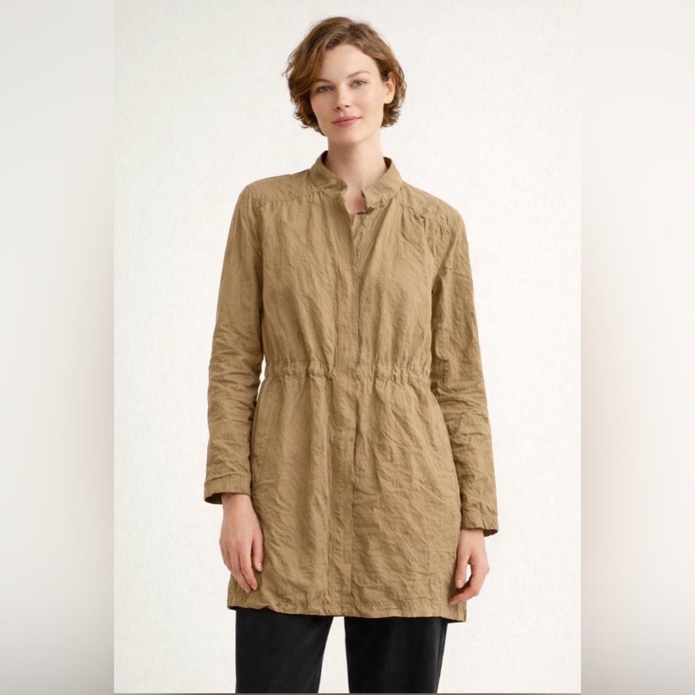 Eileen Fisher Khaki Rumpled Shirt Style Cotton Metallic Jacket, size XL